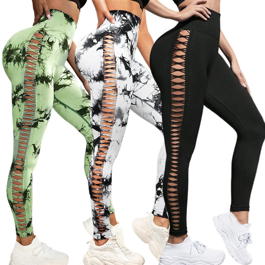 Tie-Dye Ladies Spandex Side Cut-Out Workout Yoga Leggings