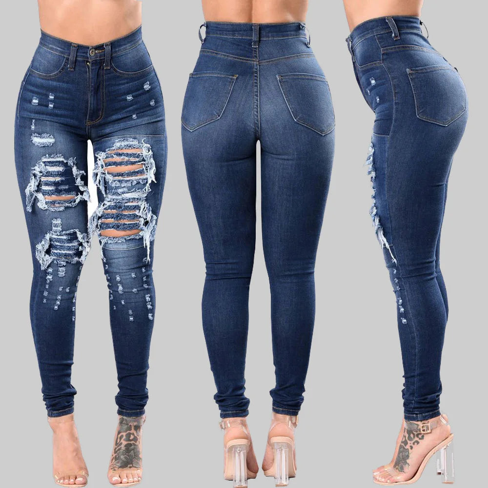 Designer Denim High Waist Ripped Skinny Elastic Skinny Ladies Jeans