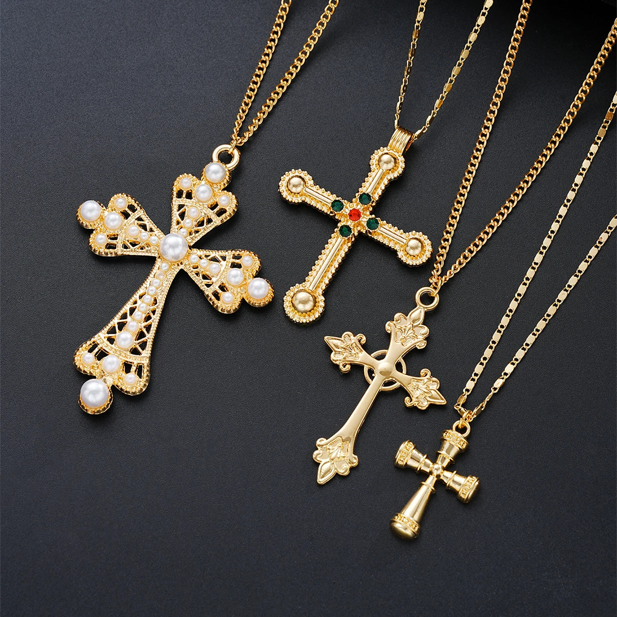 Punk Crystal Cross Pendant Necklace 4-Piece Jewelry Set