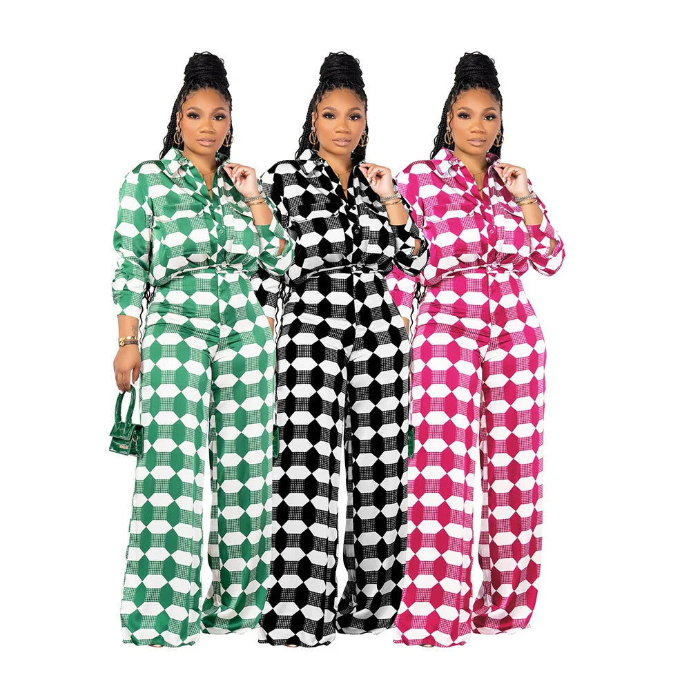 Geometric Checkered Print Women's Long Sleeve Blouse + Pants Set
