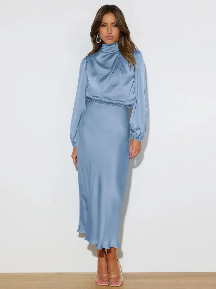 Ruched Turtleneck Satin Bowtie Detail Trumpet Mermaid Long Sleeve Bodycon Party/Office Dress