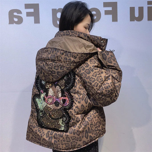 Leopard Rhinestone Hip-Hop Minnie Mouse Print Women's Quilted Cotton Down Hooded Jacket
