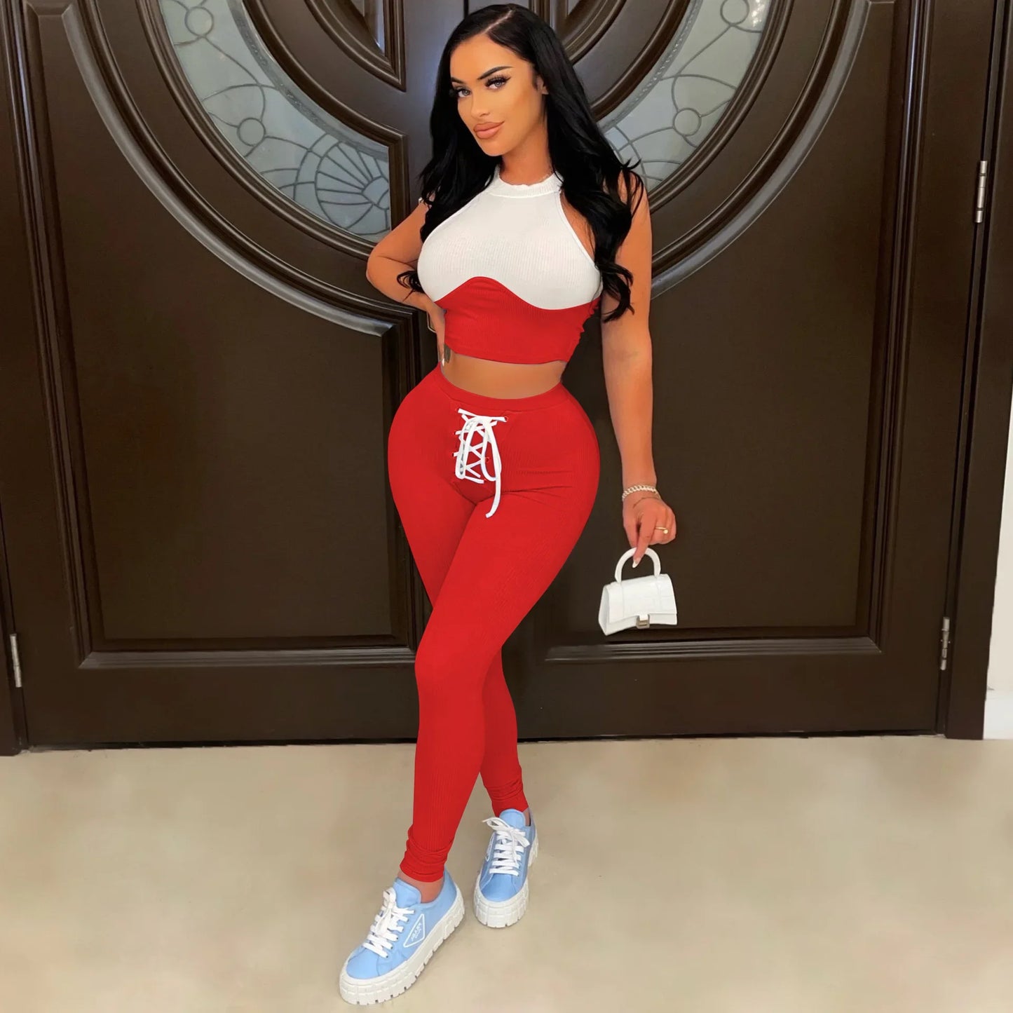 Colorblock Patchwork Sleeveless Women's Tank Top + Solid Lace-Up Drawstring Sweatpants/Shorts 2-Piece Set