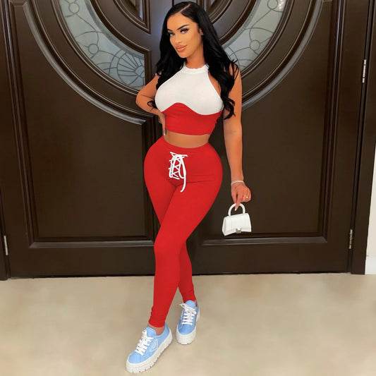 Colorblock Patchwork Sleeveless Women's Tank Top + Solid Lace-Up Drawstring Sweatpants/Shorts 2-Piece Set