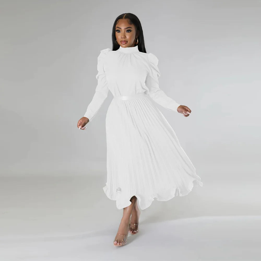 Women’s Solid Color O-Neck Lantern Sleeve Blouse + A-Line Flounce Formal Pleated Maxi Skirt w/ Sash Belt 2-Piece Set