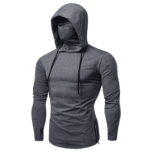 Men's Drawstring Solid Color Gym Workout Thin Long Sleeve Hoodie Sweatshirt w/ Built-In Mask