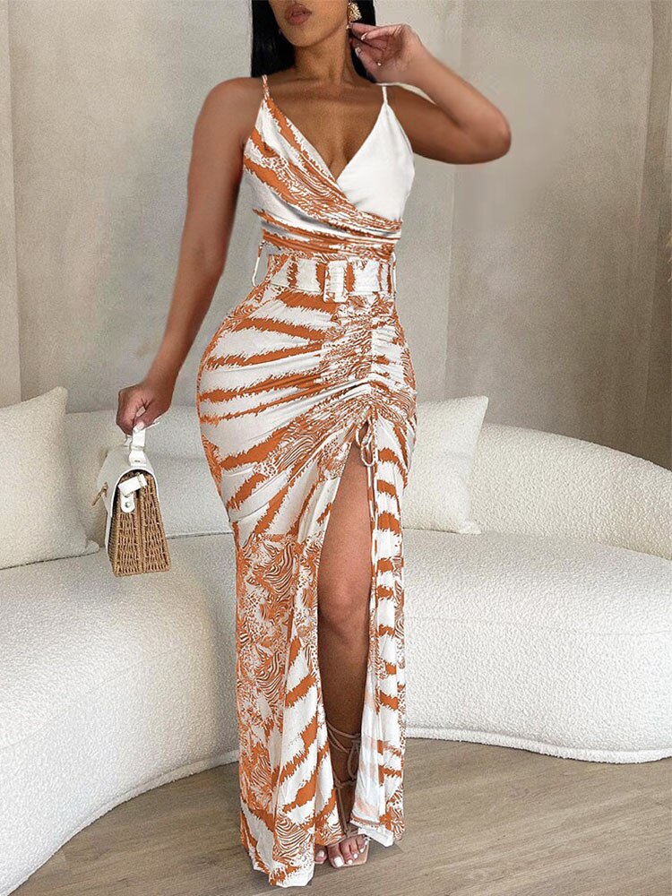 Halter Spaghetti Strap V-Neck Buckled Belt Slit Maxi Dress