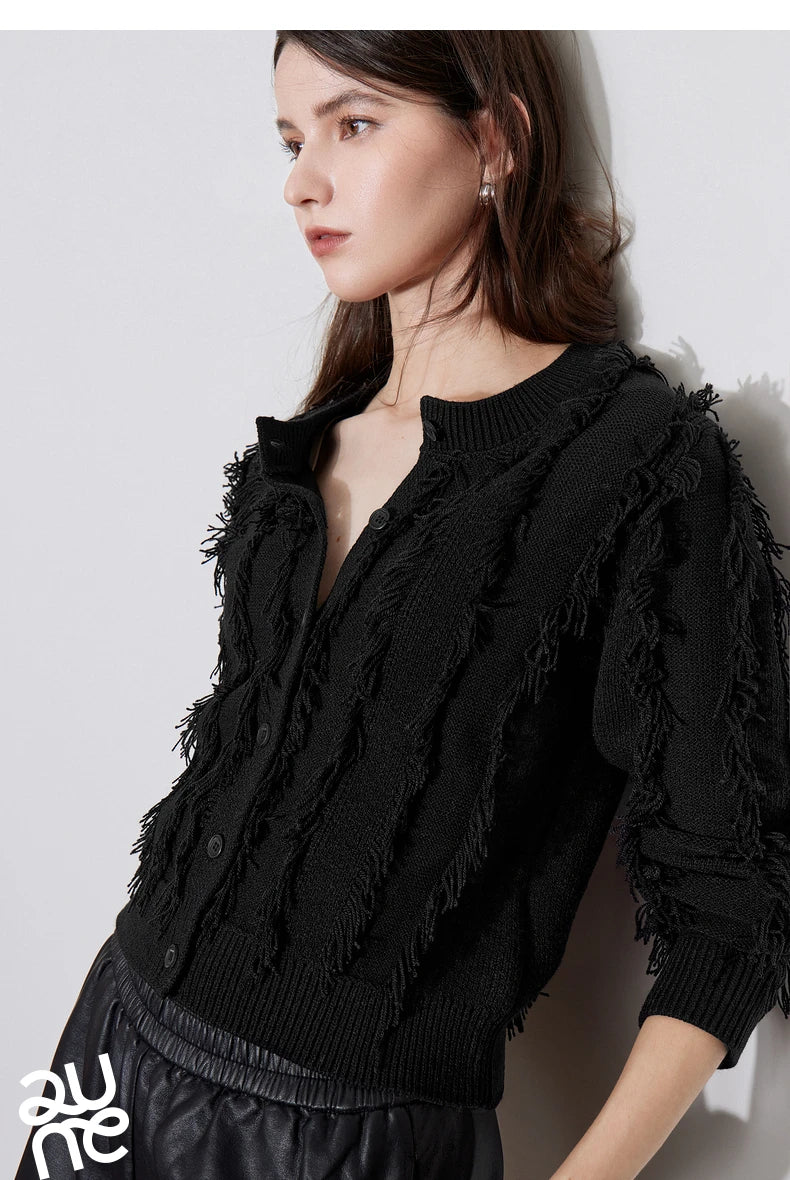 Knitted Tassel Women's O-Neck Long Sleeve Single Breasted Button-Up Cardigan Sweaters