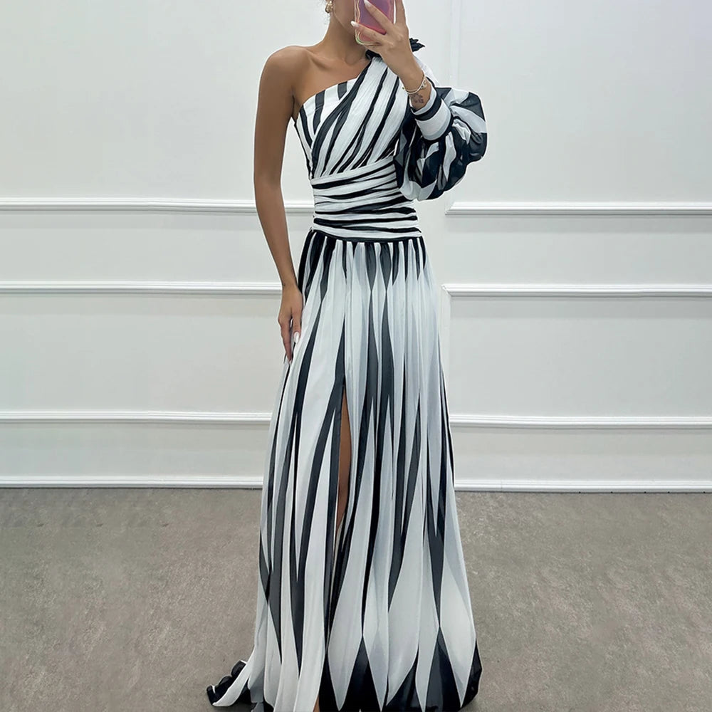 One Puff Sleeve Geometric Asymmetrical Striped High Slit Formal Maxi Party Dress