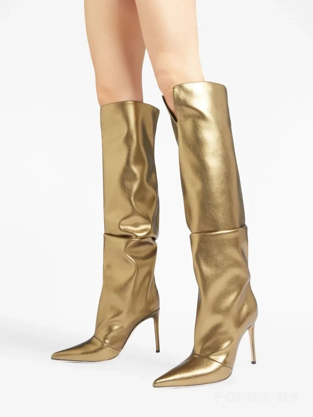 Pleated Ruched Metallic Solid Color Pointed Toe Knee-High Stiletto Heel Women's Boots