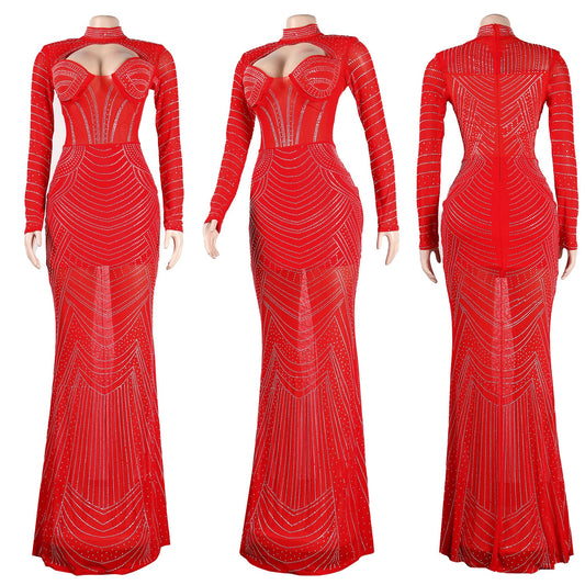 Rhinestone Mesh Cut-Out Long Sleeve Turtleneck Floor-Length Evening Gown Dress