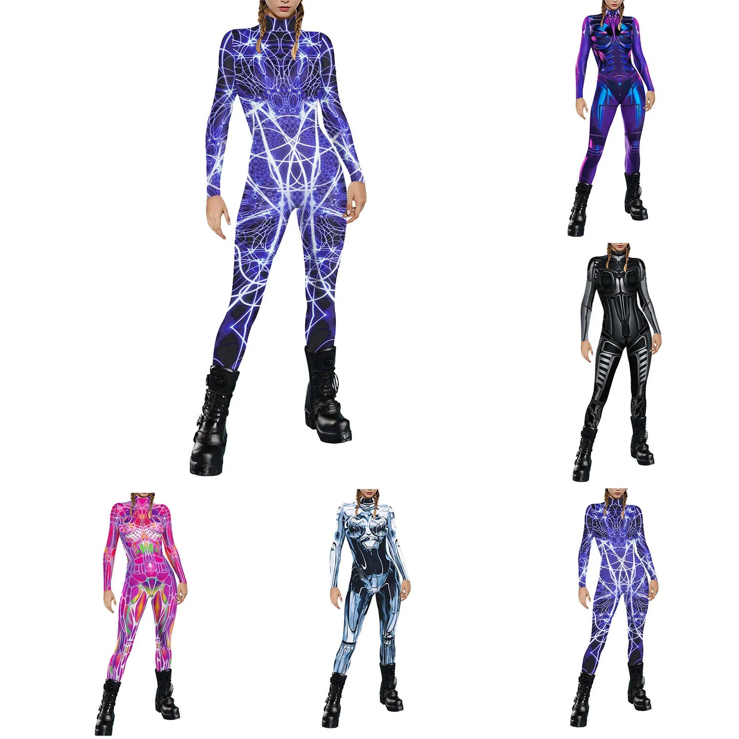 Ladies Cool Sexy Technology Aesthetic Printing High Neck Long Sleeved Bodysuits Fashionable Tight Fitting Female Jumpsuits