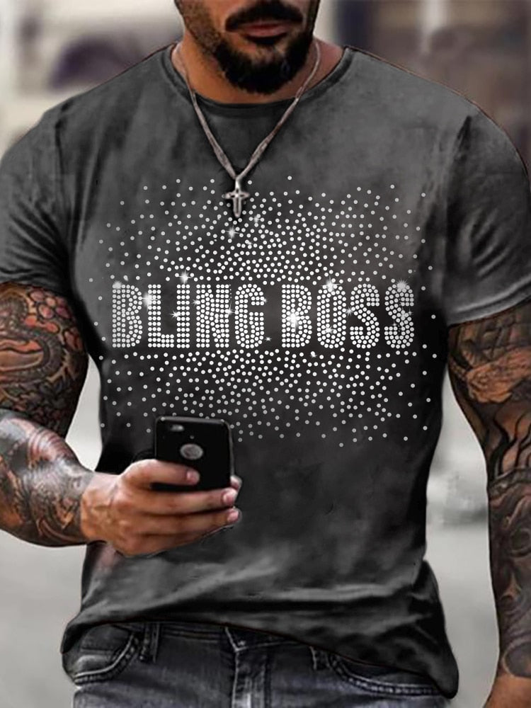 Men's "Bling Boss" Rhinestone Designer Short Sleeve T-Shirt