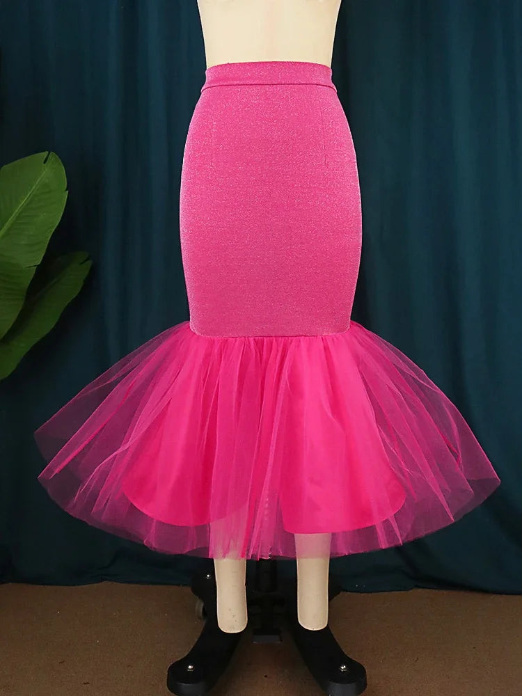 Fuchsia/Green Mermaid Tulle Ruffled Hem Flared Midi Mermaid Tutu Skirt