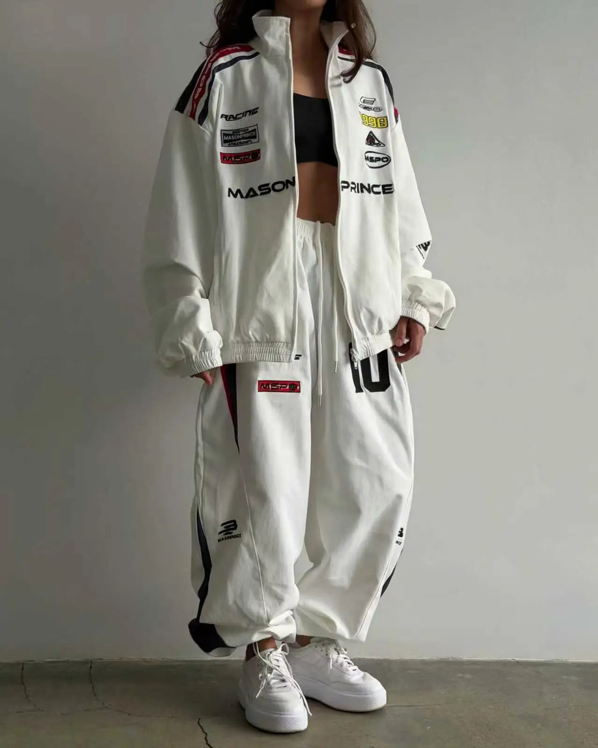 Racing Contrast Embroidered Loose Jacket + Wide Leg Sweatpants Women's Tracksuit