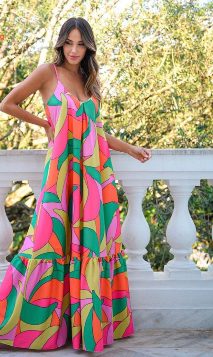 3D Floral Sleeveless Printed V-Neck Maxi Dress