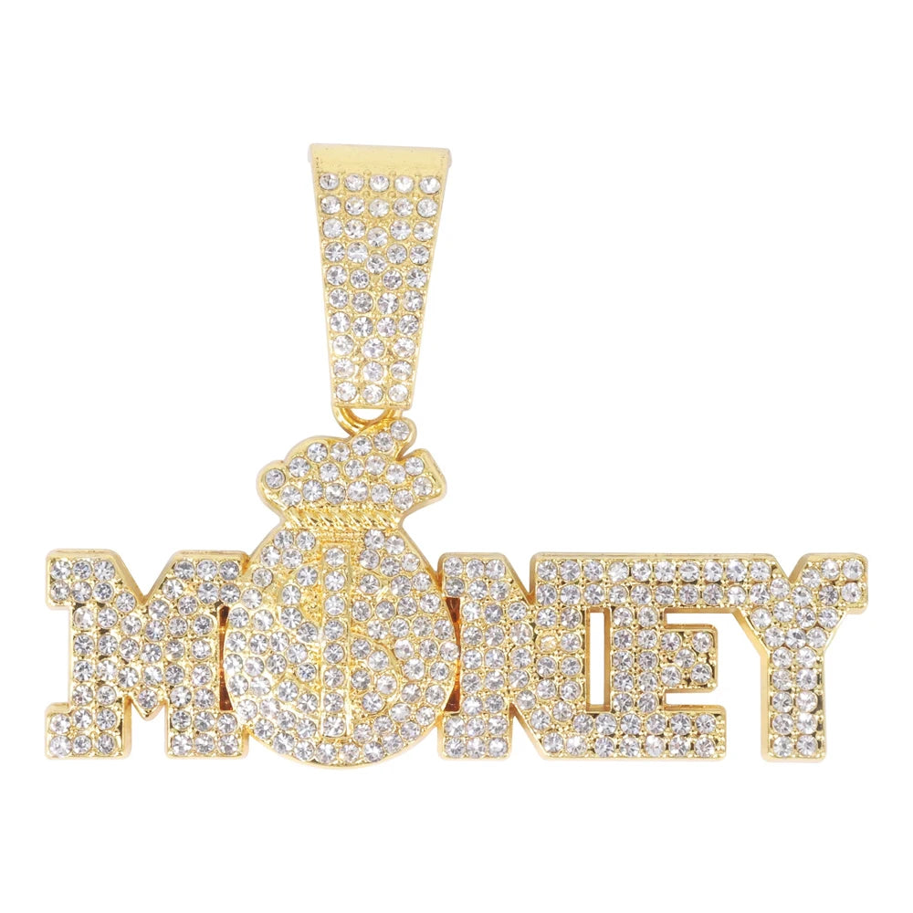 "Money" Iced Out Bling Rhinestone Chain Money Bag Dollar Sign Chain Necklace