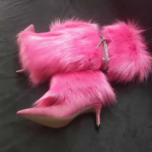 Shaggy Fur Stiletto Heel Pointed Toe Women's Knee-High Boots