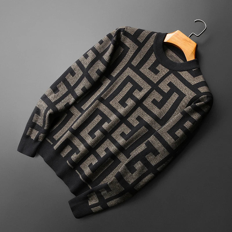 Men's Wool Geometric Colorblock Monogram Print Long Sleeve Computer Knitted O-Collar Sweater