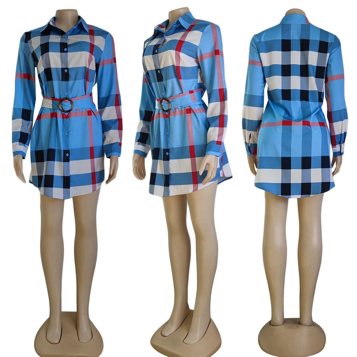 Plaid English Print Blouse Dress w/ Belt