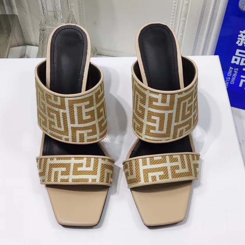 Real Leather Monogram Replica Square Head Metal Heel Roman Sandals