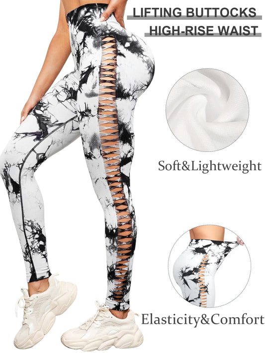 Tie-Dye Ladies Spandex Side Cut-Out Workout Yoga Leggings