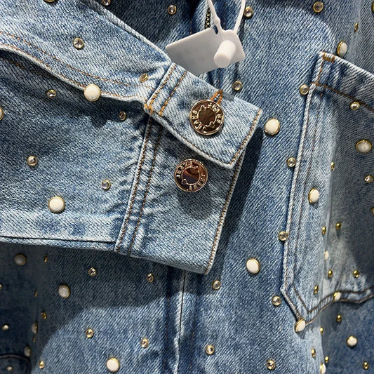 Denim Rhinestone Embellished Decor Women's Turn-Down Collar Zipper Jean Jacket OR Straight Jeans SOLD AS SEPARATES