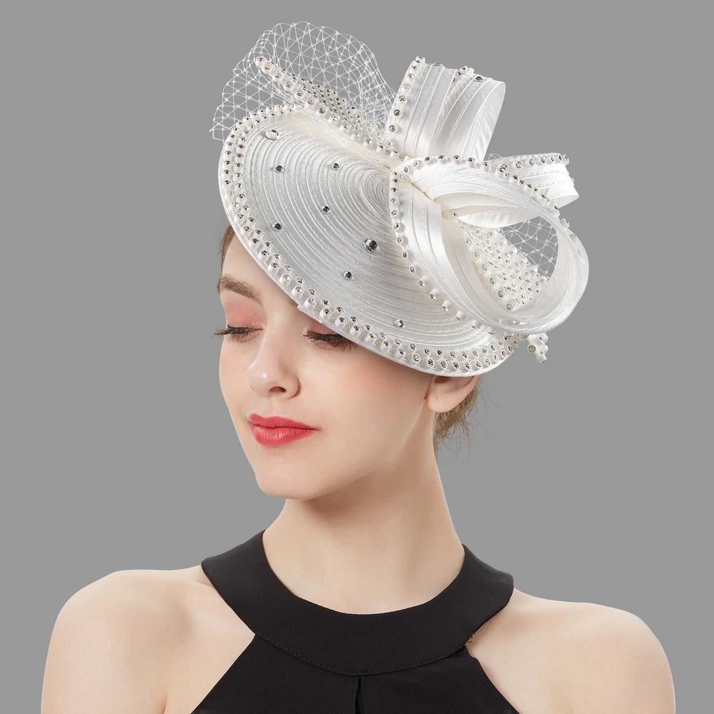 Satin Rhinestone Big Bow Detail Slanted Women's Church/Bridal/Derby Fedora Hat