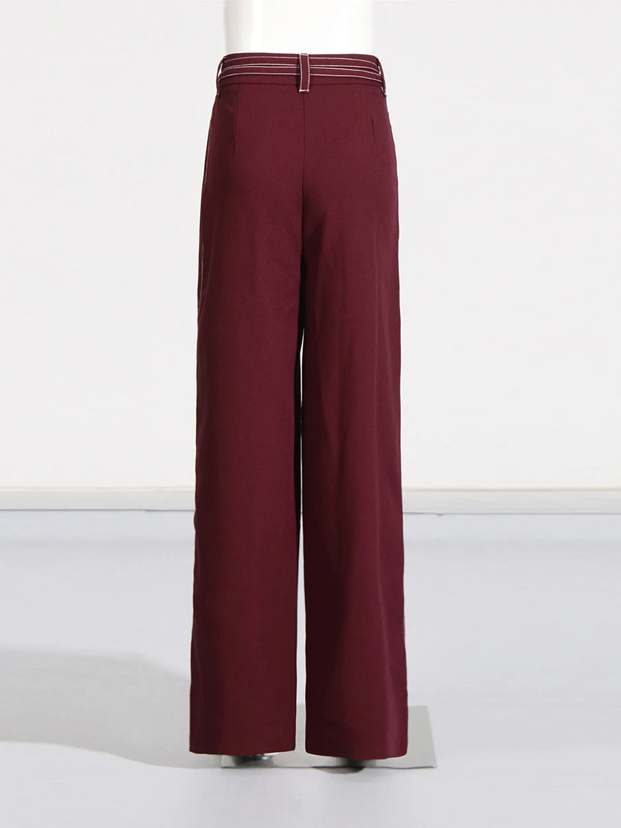 Burgundy Irregular Notched Collar Double Strap Design Blazer Jacket + High Waist Straight Pants Women's Formal Suit