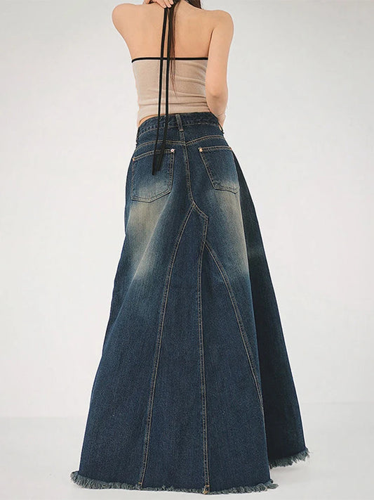 Denim Faded Colorblock Oversized Washed Blue A-Line Vintage Aesthetic Cowgirl Maxi Overlay Jean Skirt