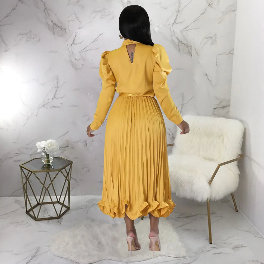 Women’s Solid Color O-Neck Lantern Sleeve Blouse + A-Line Flounce Formal Pleated Maxi Skirt w/ Sash Belt 2-Piece Set