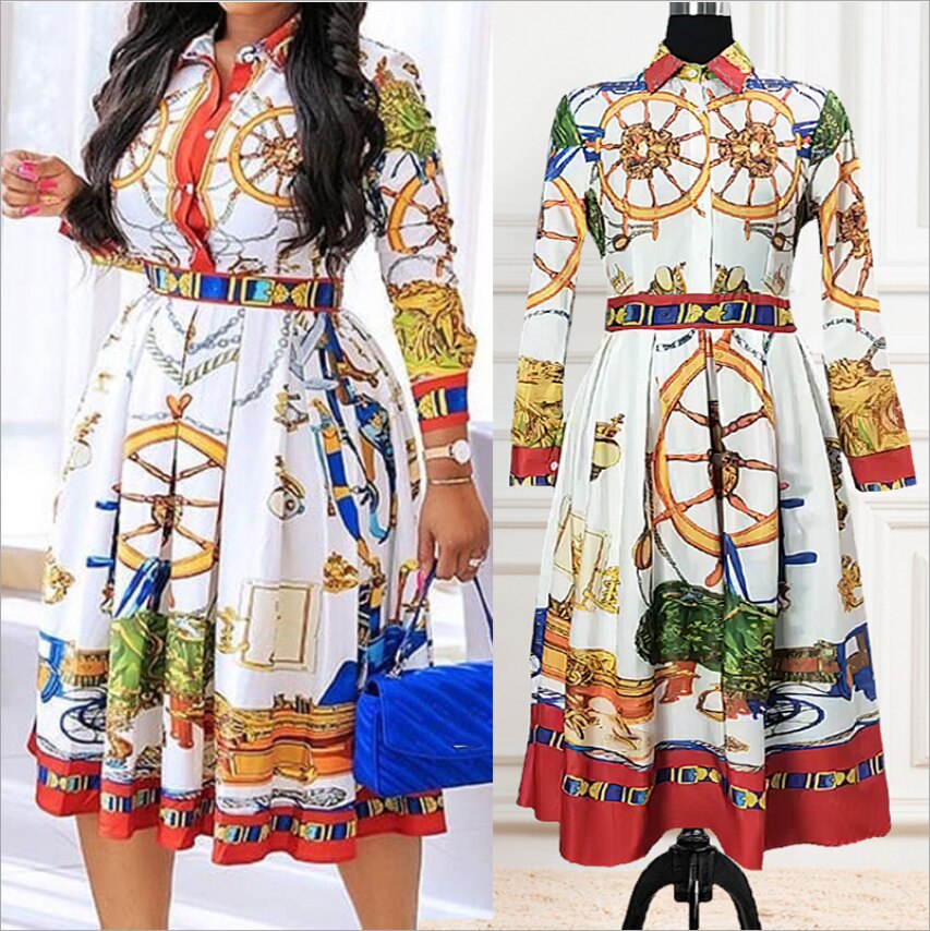 Baroque Ruched Retro Roman/Floral Print Vintage Midi Office Dress to 5X