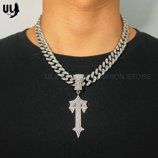 Rhinestone Sword Cross Pendant Iced-Out Cuban Chain