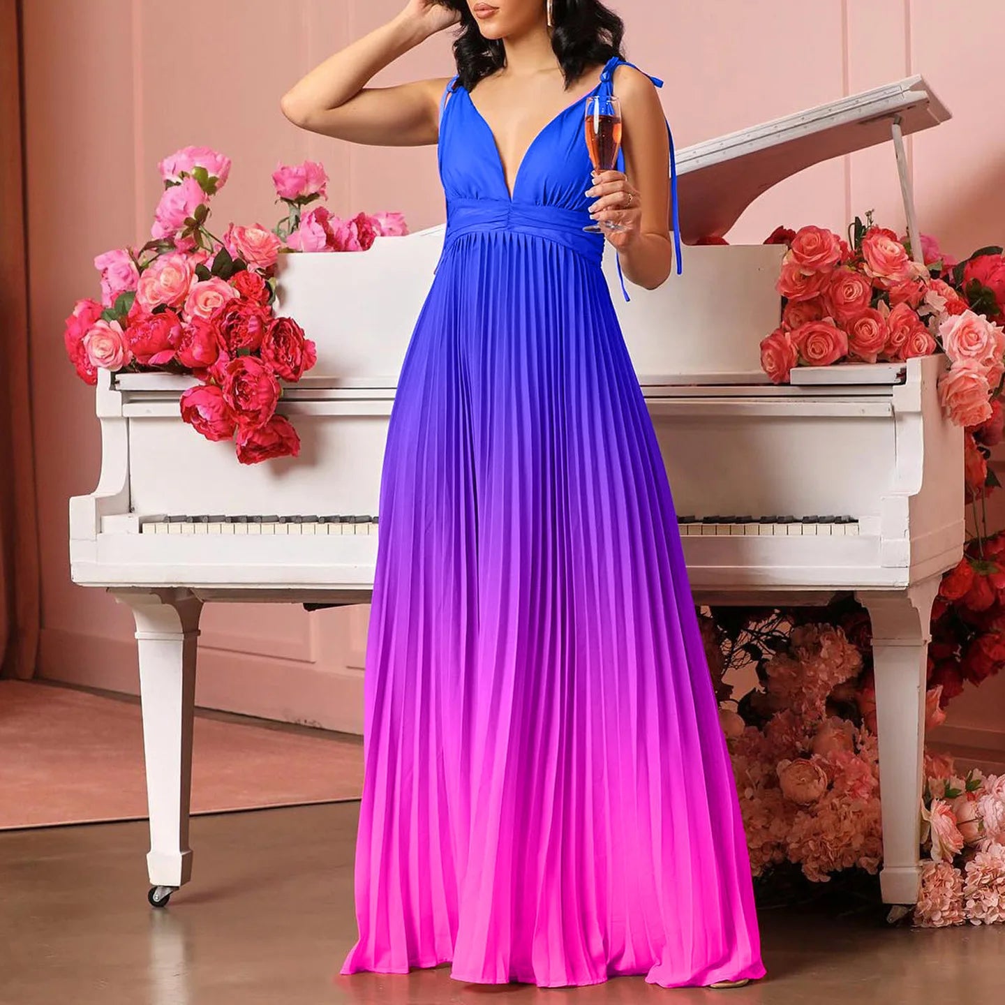 Pleated Gradient Ombre Rainbow Colorblock Sleeveless V-Neck Long Halter Maxi Dress