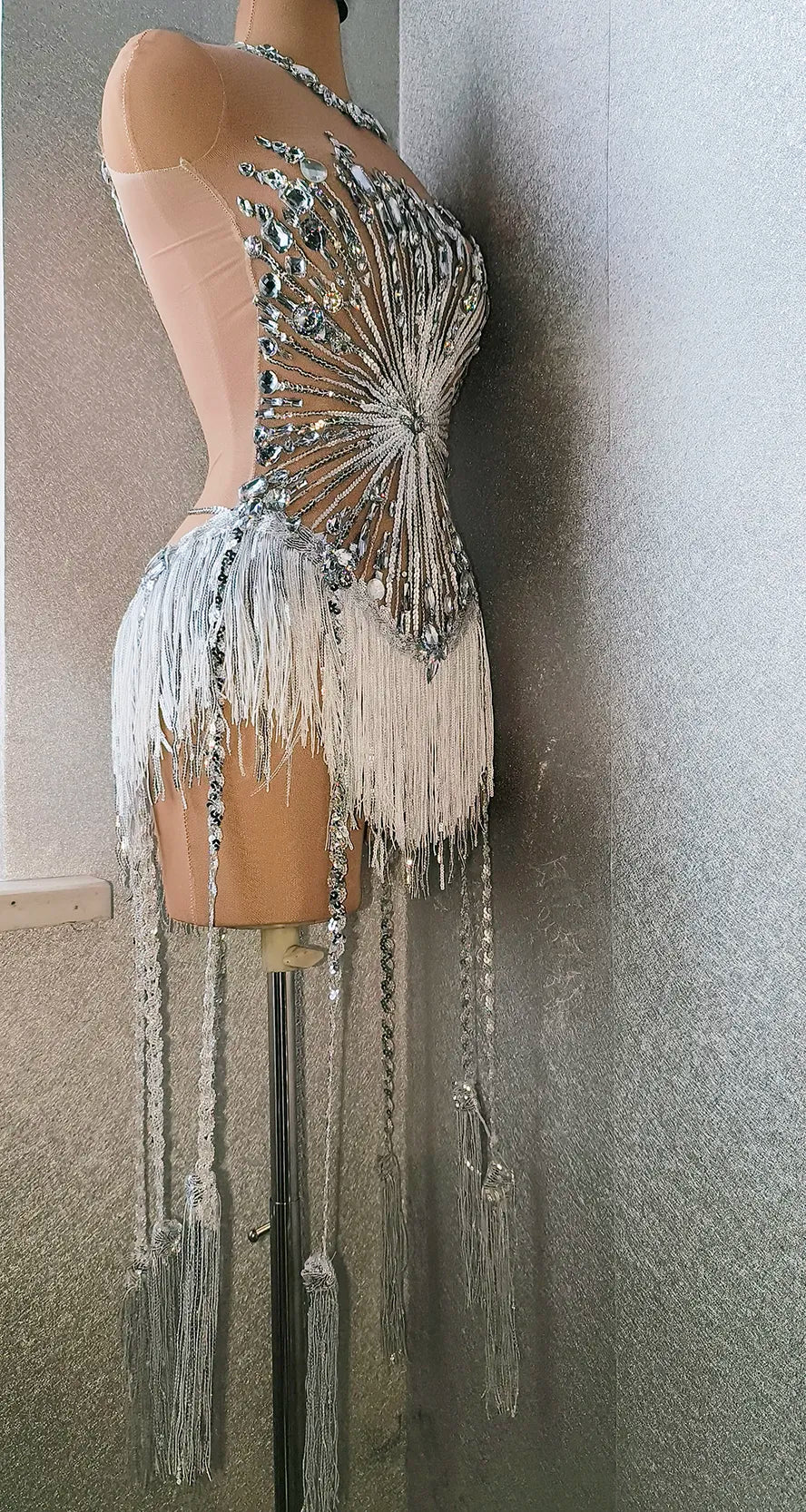 Rhinestone Crystal  Tassel Fringe Performance Formal Bodysuit