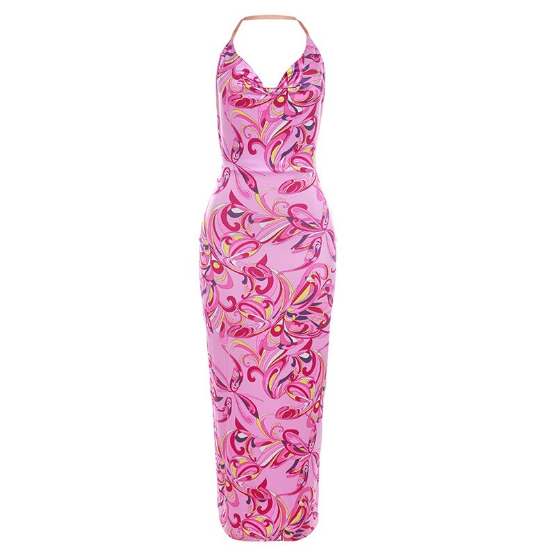 Pink Halter Cowl Neck Bodycon Sleeveless Maxi Dress