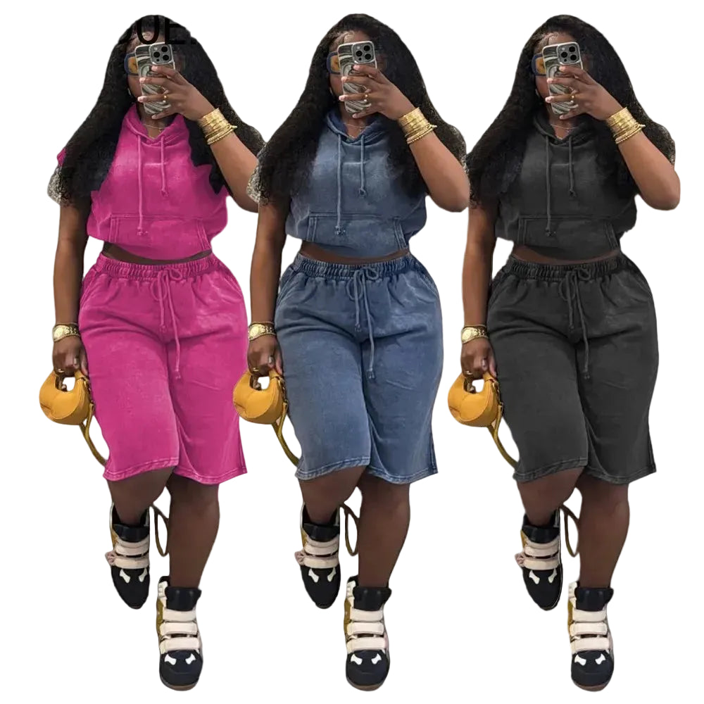 Washed Mock Denim Sleeveless Streetwear Women's Hoodie Top + Drawstring Shorts 2-Piece Set