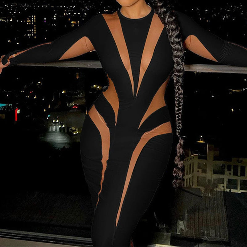 Sheer Transparent Mesh  Colorblock Diagonal Striped Irregular Mesh Patchwork Long Sleeve Bodycon Skinny Maxi Dress