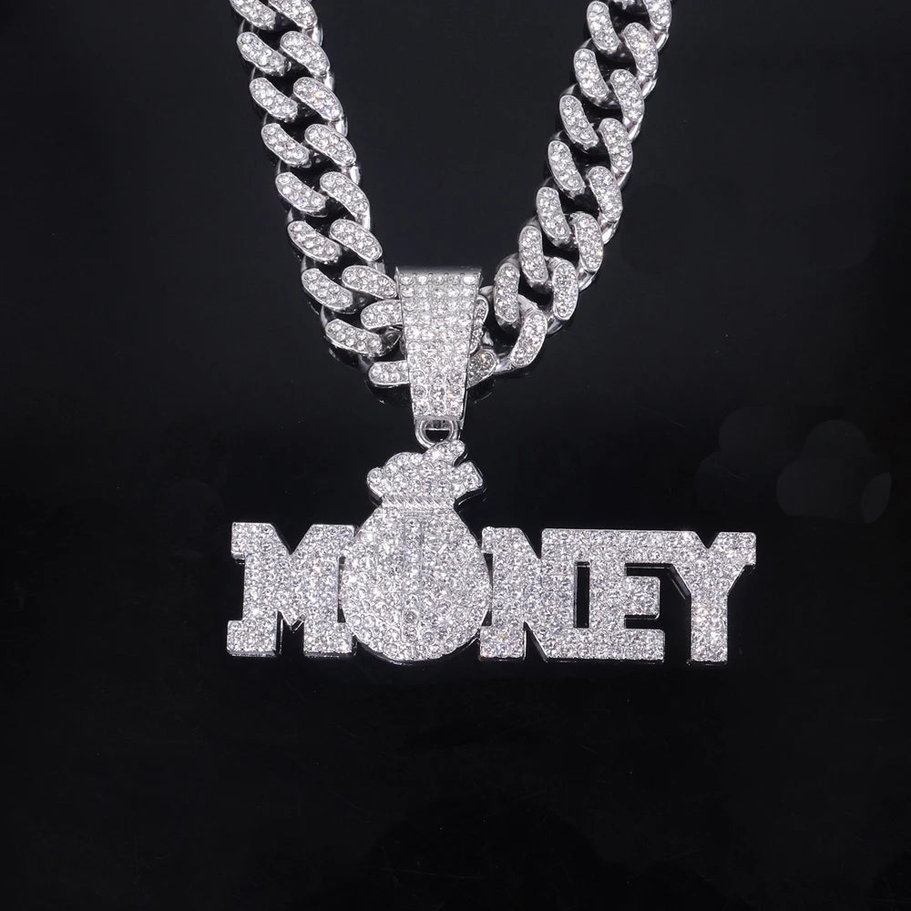 "Money" Iced Out Bling Rhinestone Chain Money Bag Dollar Sign Chain Necklace