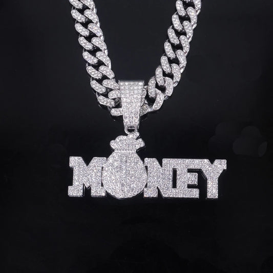 "Money" Iced Out Bling Rhinestone Chain Money Bag Dollar Sign Chain Necklace
