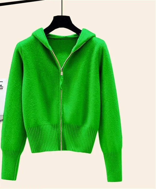 Hooded Solid Color Women's Long Sleeved Zipper Cardigan Sweater Jacket