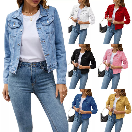 Colored Denim Long Sleeve Solid Button Down Ladies Jean Jacket