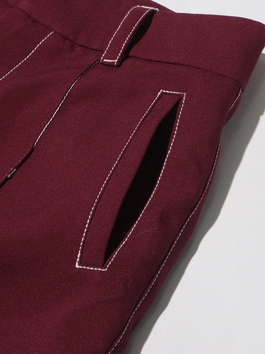 Burgundy Irregular Notched Collar Double Strap Design Blazer Jacket + High Waist Straight Pants Women's Formal Suit