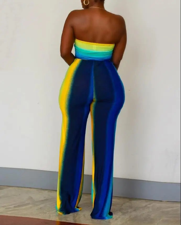 Blue/Yellow Ombre Colorblock Rainbow Striped Sleeveless Strapless Wide Leg Tube Top Sash Belted Women's Jumpsuit