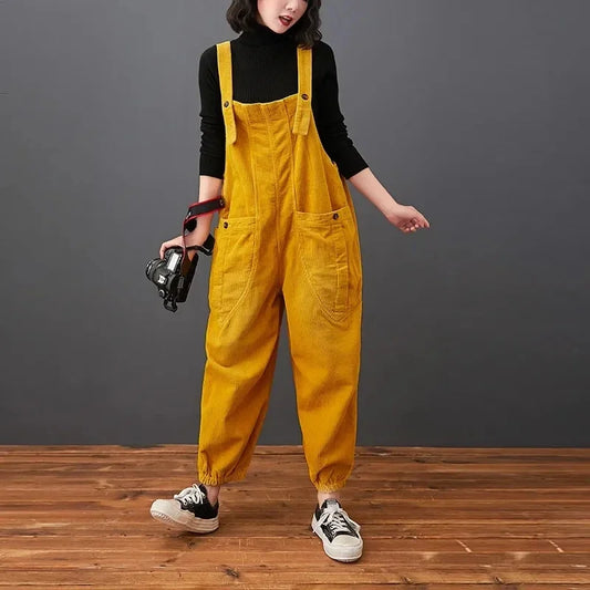Corduroy Women's Solid Color Loose Rompers Pocketed Wide Leg Overall Jumpsuit