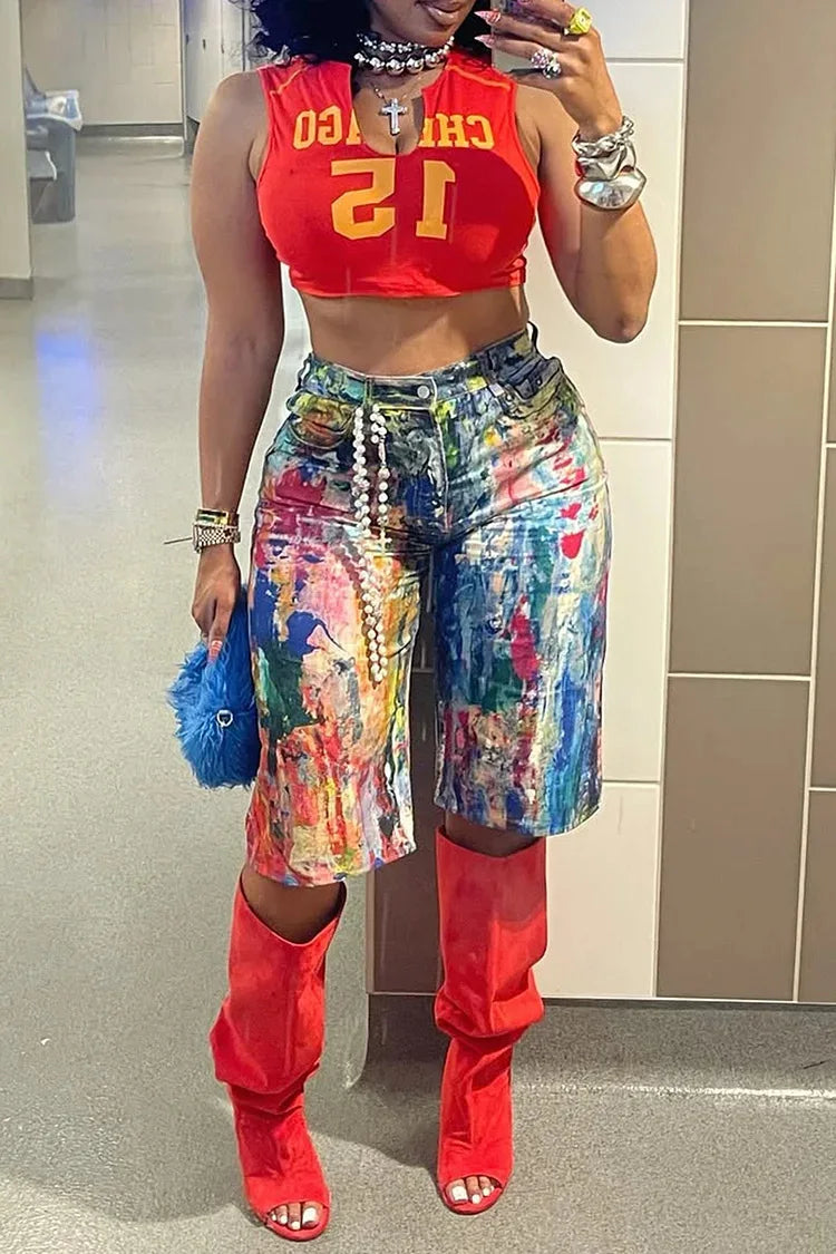 Denim Rainbow Paint Splatter Print Women's Knee-Length High Waist Distressed Washed Streetwear Jean Shorts