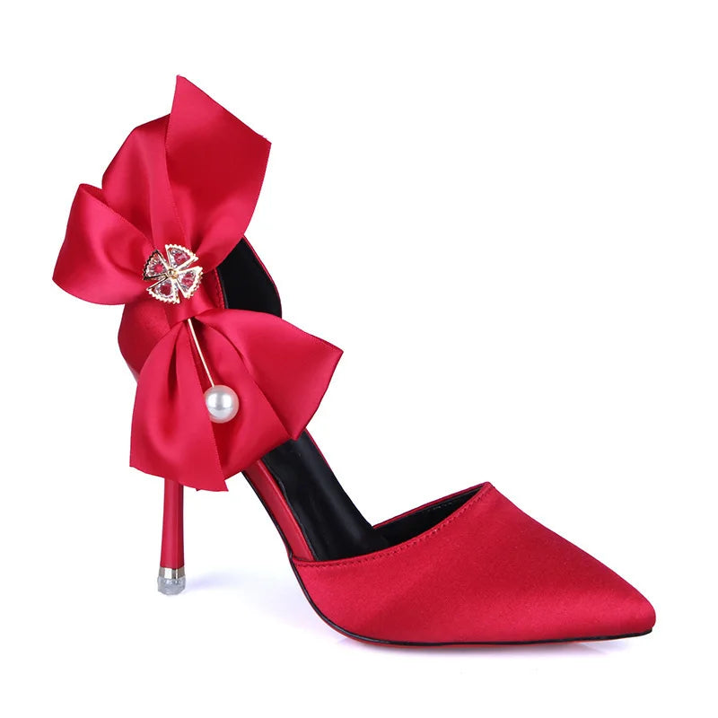 Ribbon Bow Detail Designer Women's Wedding Bridal Stiletto Pumps