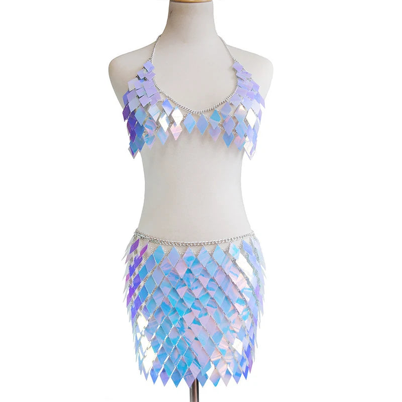 Metallic Sequined Geometric  Bikini Crop Top + Mini Skirt Handcrafted Party Women's 2-Piece Set