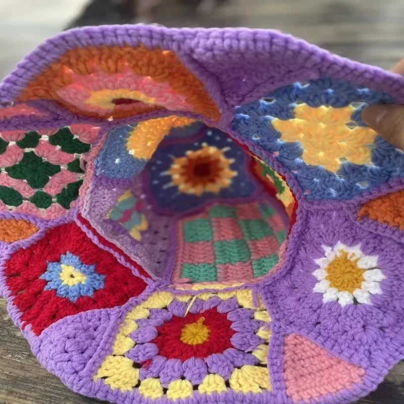 Handmade Knitted Crochet Large Brim Patchwork Flower Design Yarn Hook Needle Fisherman's Bucket Hat