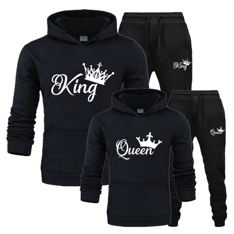 Unisex "King or Queen" Crown Print Couples Matching Hoodie Sweatshirt + Pants Tracksuit